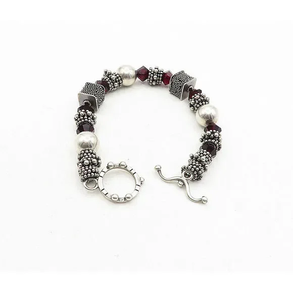 DESIGNER 925 Silver Vintage Garnet Beaded Cluster Chain Bracelet BT1644